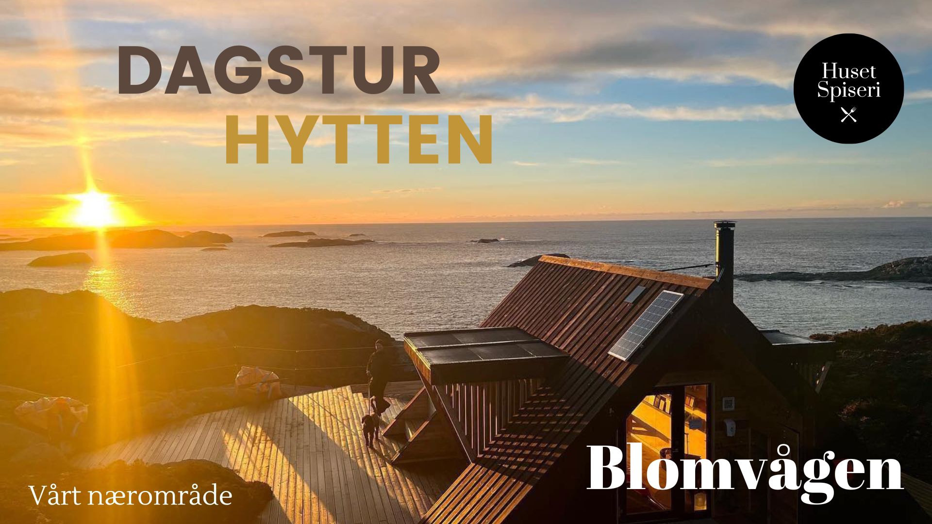 Solnedgang ved dagsturhytta Rambua på Rambogen i Blomvåg, med utsikt over havet.